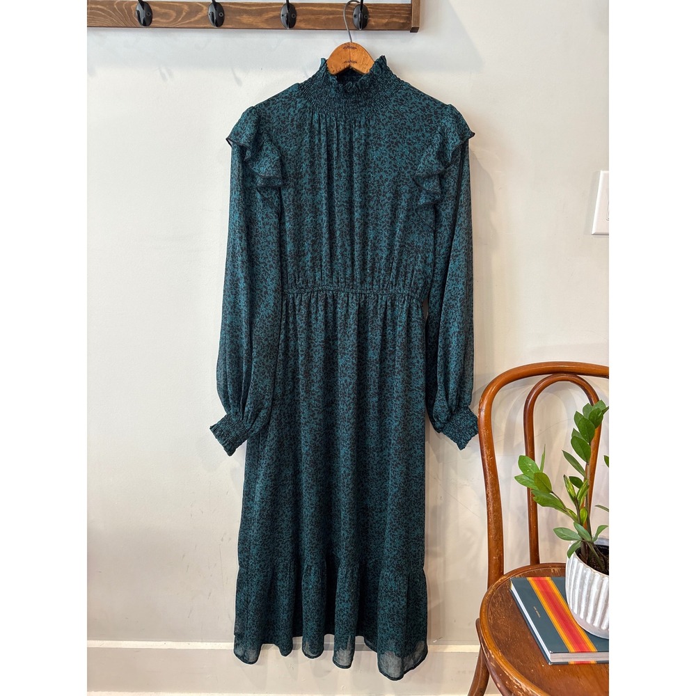 Spirit of Grace Dark Teal Floral Smocked Neck Ruffle Midi Dress